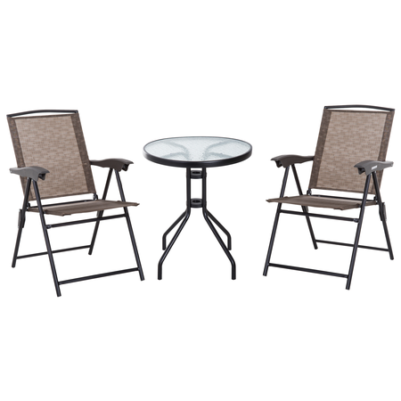 Ens. de jardin 3 pièces 2 chaises inclinables pliables + table ronde chocolat