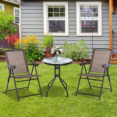 Ens. de jardin 3 pièces 2 chaises inclinables pliables + table ronde chocolat
