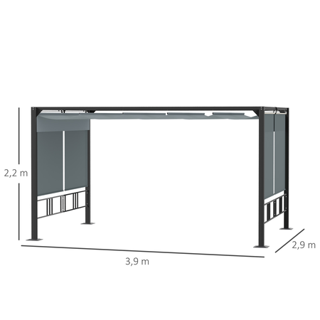 Pergola rétractable alu. acier époxy noir double toile polyester gris