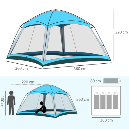 Tente de camping familiale 8 pers. max. polyester bleu