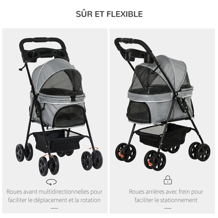 Poussette buggy pliable chien chat panier rangement 4 roues