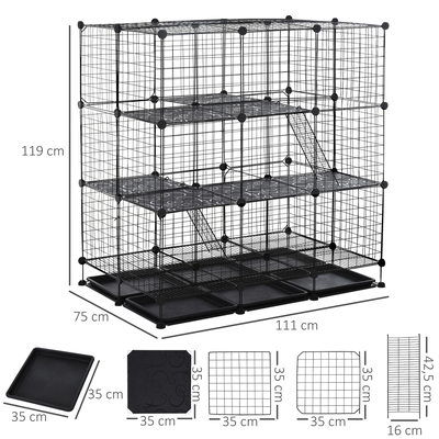 Cage parc enclos rongeurs modulable 3 niv. 4 portes fil métallique noir