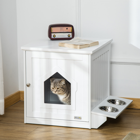 Maison de toilette pour chat - porte 2 gamelles intégré - blanc