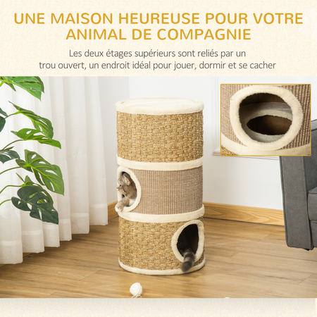 Tour à griffer pour chat - 3 niches, plateforme - sisal corde d'algues beige