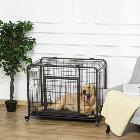 Cage chiens pliable sur roulettes 2 portes verrouillables métal gris noir