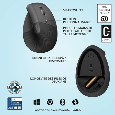 Souris Sans Fil Logitech Lift Ergonomique Verticale, Bluetooth ou récepteur USB Logi Bolt, Silencieuse - Graphite