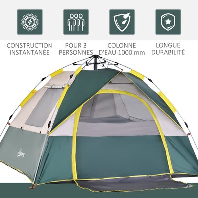 Tente de camping pop up 3 personnes avec sac jaune gris vert