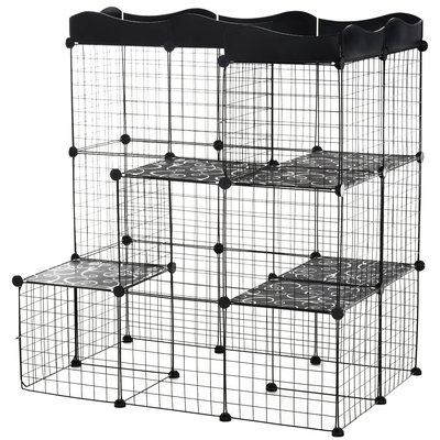 Cage parc enclos chat modulable 3 niveaux 2 portes métal noir