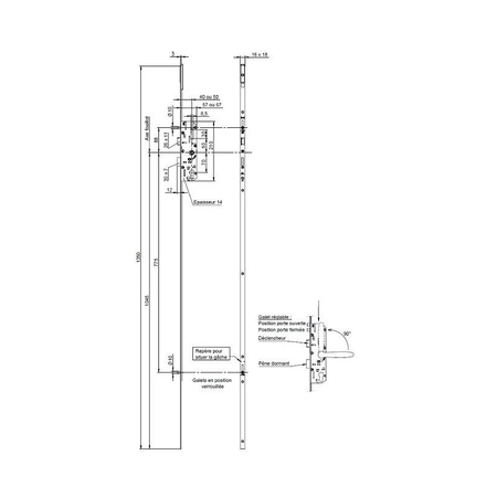 Serrure 4 points série 20215 automatique L2150mm têtière 16mm Axe 50mm bout carré sans gâche - VACHETTE - 26767000