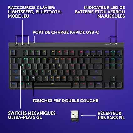 Logitech G G515 LIGHTSPEED TKL Profilé Clavier Gaming sans Fil, LIGHTSYNC RVB, Profil Ultra-Plat sans Pavé Numérique, Touches en PBT, Contacts Mécaniques Linéaires, Clavier Français AZERTY - Noir