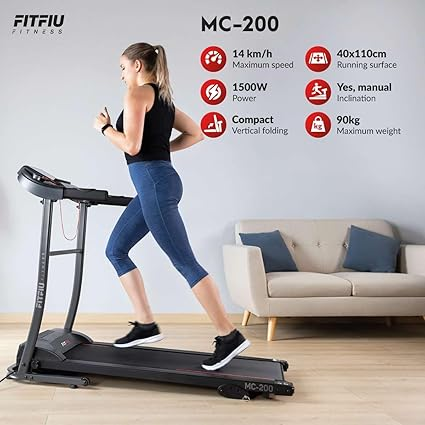 FITFIU Fitness MC-200 - Tapis de Course Pliable, Vitesse Réglable 14 km/h, 1500W, Surface 40x110cm, Moniteur Fréquence Cardiaque, 12 Programmes, Poids Max. 90kg