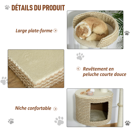 Arbre à chats style cosy chic griffoirs niche plateforme bicolore beige café