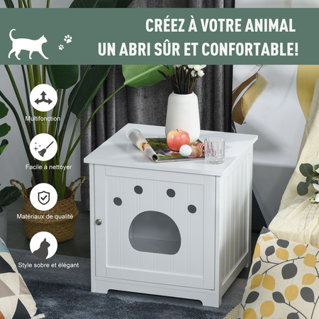 Maison de toilette pour chat design porte entrée patte chat 2 MDF blanc