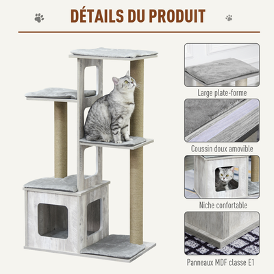 Arbre à chats design griffoirs sisal naturel niche plate-formes 6 coussins MDF bois gris
