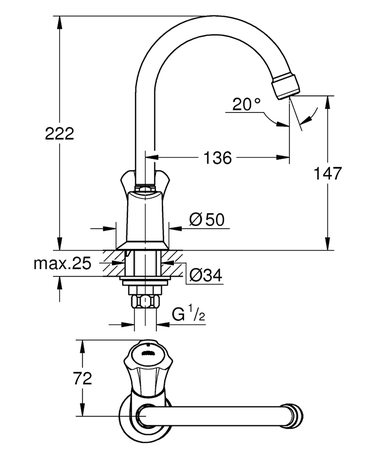 Robinet de lavabo COSTA L monofluide 1/2'' bec mobile - GROHE - 20393001