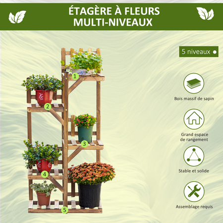 Étagère à fleurs en bois - porte plante bois 6 tablettes bois sapin