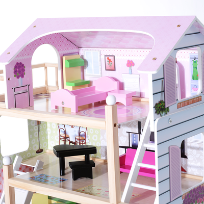 Maison de poupée en bois blanc et rose