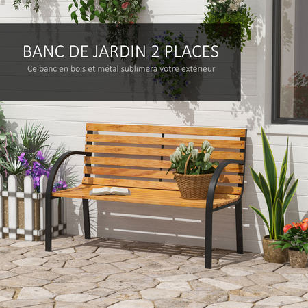 Banc de jardin 2 places style rural chic acier époxy bois lasuré