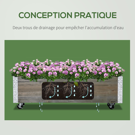 Jardinière sur roulettes inserts d'irrigation, feutre drainage métal sapin gris