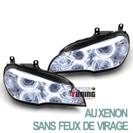 PHARES CHROME ANNEAUX LED 3D AU XENON SANS FEUX DE VIRAGE BMW X5 E70 2007-2010 PH1 (05499)