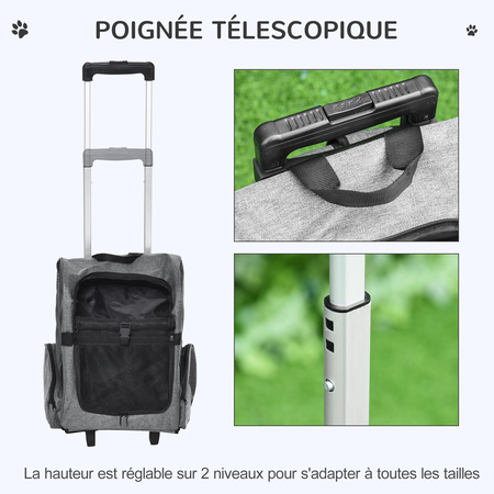 2 en 1 trolley sac à dos roulettes chien chat gris