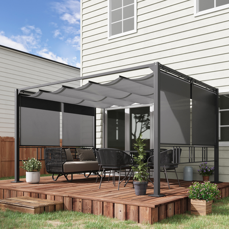 Pergola rétractable alu. acier époxy noir double toile polyester gris