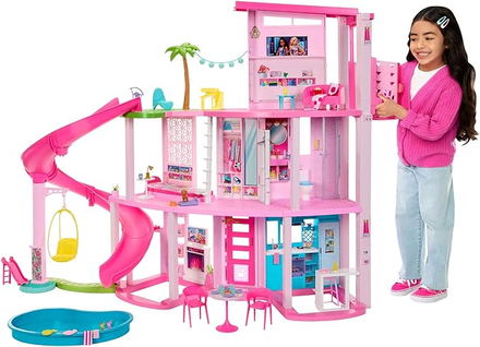 Barbie Coffret Maison de Rêve Poupée Mannequin, Design en Spirale sur 3 Niveaux, 10 Espaces de Vie Inclus Piscine, Toboggan, et Ascenseur