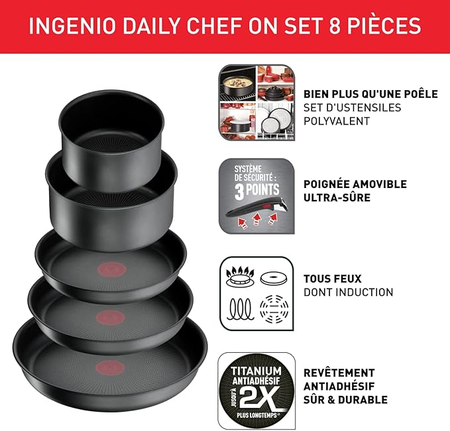 Tefal Ingenio Batterie de Cuisine 8 Pièces, Poêles, Casseroles, Induction, Revêtement Antiadhésif Résistant, Empilable, Compatible Lave-vaisselle, Fabriqué en France, Daily Chef On ‎L7619202