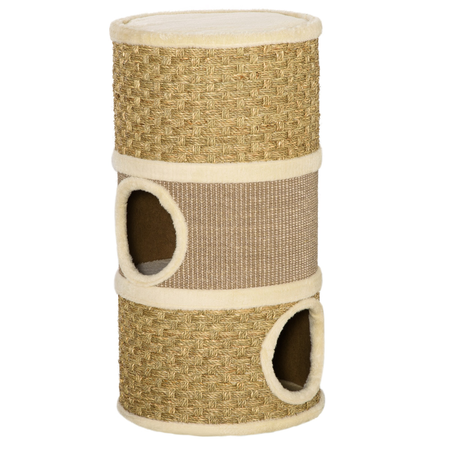 Tour à griffer pour chat - 3 niches, plateforme - sisal corde d'algues beige