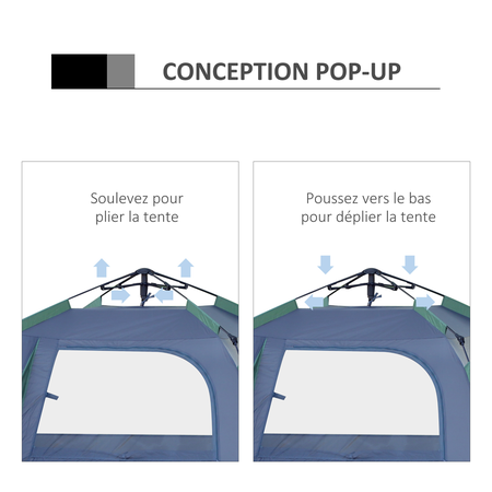 Tente de camping pop up montage instantané 3 pers. bleu vert