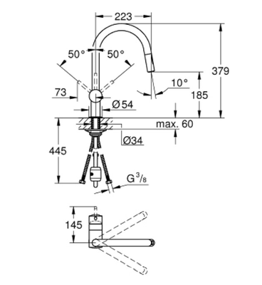 Mitigeur d'évier MINTA bec haut douchette extractible 2 jets - GROHE - 32321-002