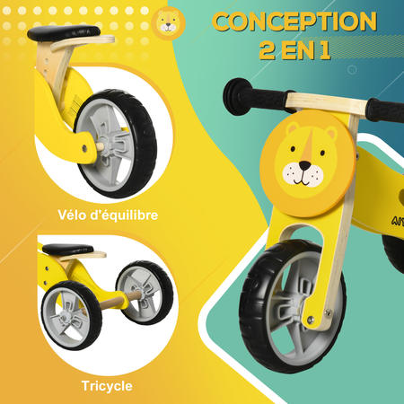 Tricycle draisienne enfant 2 en 1 selle réglable panneaux bois lion jaune