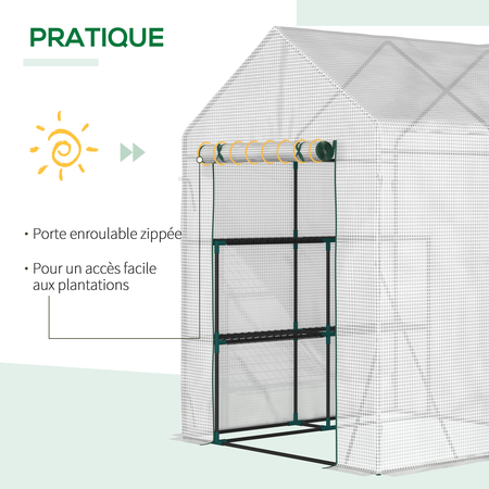 Serre de jardin 2 tablettes acier PE haute densité transparent blanc