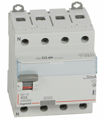 Interrupteur différentiel DX³-ID arrivée haute et départ bas à vis 4P 400V type AC 4 modules 30mA 40A - LEGRAND - 411661