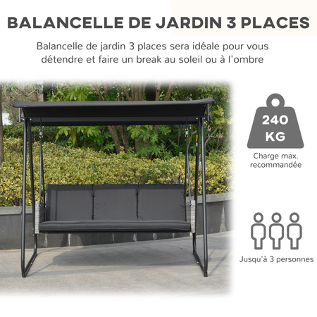 Balancelle de jardin 3 places résine tressée grise acier polyester noir