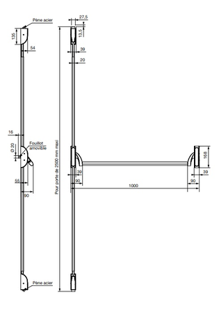 Fermeture antipanique Cross-bar 1 point longueur 1000mm CFPF gris - VACHETTE - 18368000