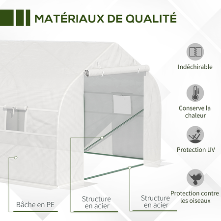 Serre tunnel de jardin dim. 5,93L x 3l x 2H m acier galvanisé bâche PE haute densité blanc