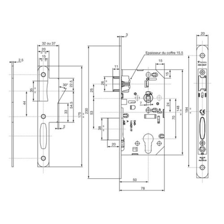 Serrure monopoint à larder D458 urgence axe 50mm T20 bout rond finition inox - VACHETTE - 14502000