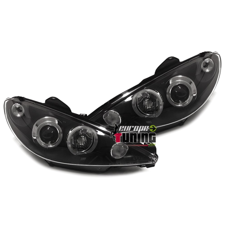 PHARES FEUX AVANTS NOIRS ANNEAUX LED ANGEL EYES PEUGEOT 206 2002-2009 en H7/H7 (12326)