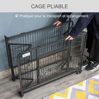 Cage chiens pliable sur roulettes 2 portes verrouillables métal gris noir