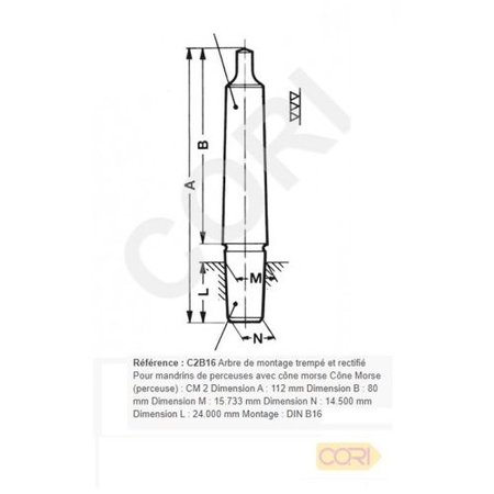 Arbre de montage cône morse 112 mm pour mandrin de perceuse CM 2 - CORI - C2B16