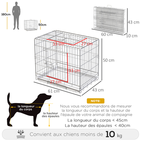 Cage pour chien pliable plateau amovible 2 portes verrouillables