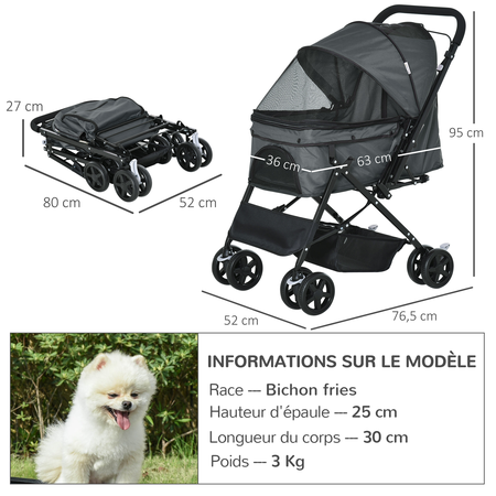 Poussette buggy pliable chien chat panier et sac de rangement