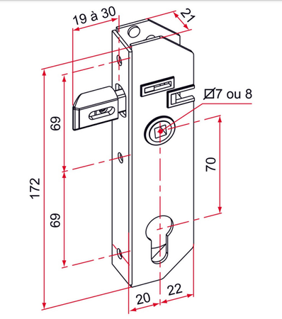 Serrure à encastrer GJ axe 20mm carré 7mm - TIRARD - GJ701301