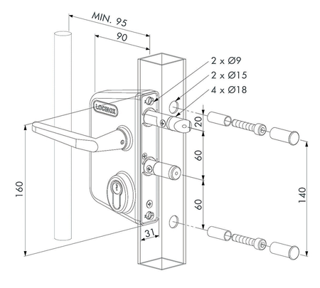 Serrure applique pour portail LAKQ60U2L pour profil de 60 à 80mm - LOCINOX - LAKQ6060U2LZILVVSZM