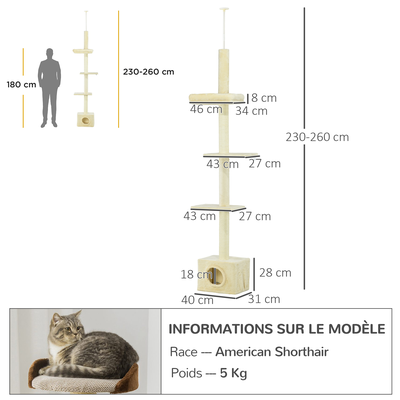 Arbre à chat hauteur réglable 230-260 cm - niche, 3 plateformes - peluche beige