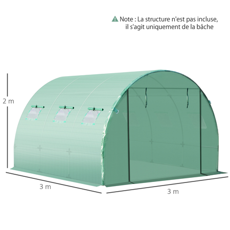 Bâche de rechange serre tunnel 3L x 3l x 2H m PE fenêtres + porte vert