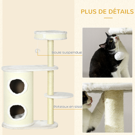 Arbre à chat 2 griffoirs sisal naturel niche plateformes blanc crème