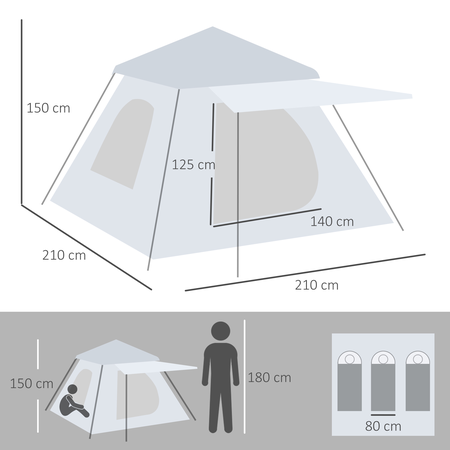 Tente de camping automatique pop up 2-3 pers. gris clair