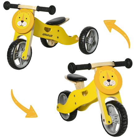 Tricycle draisienne enfant 2 en 1 selle réglable panneaux bois lion jaune